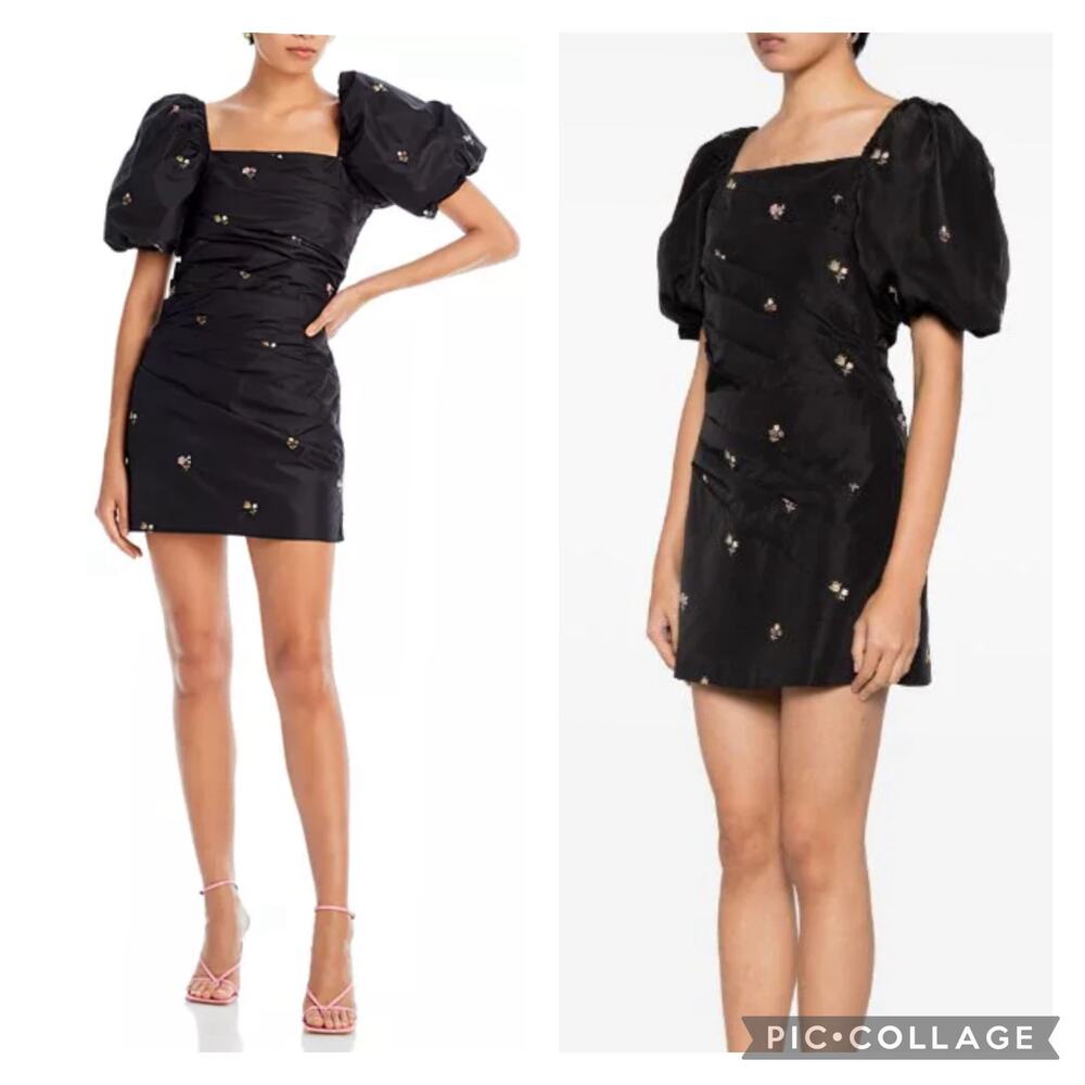 Sea NY Rubina Embroidered Mini Dress Puff Sleeve Floral Ruched